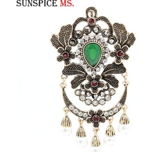 Vintage Turkish Women Big Resin Simulated-Pearl Brooch Pin Flower Pendant Jewelry Antique Gold Color India Bride Ethnic Corsage