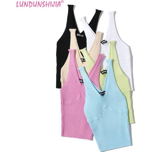 LUNDUNSHIJIA 2021 Summer Sexy Women High Waist Knitting Candy Colors Crop Tops Bodycon Sleeveless Basic Camis bar