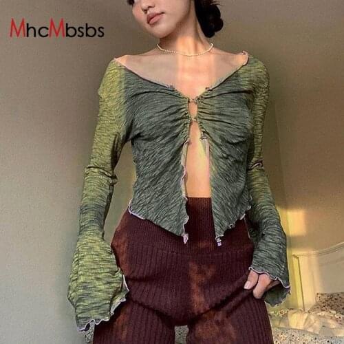 Y2K Aesthetics Tie Dye Ruched Crop Tops Sexy Vintage E-girl V-neck Long Sleeve Ruffles Button T-Shirts 90s Punk Tee 2021 Summer