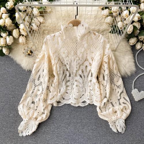 Sexy Lady Lace Hollow Out Blouses For Women Y2K Fashion Lantern Long Sleeve Red Shirts Female Zip Up Transparent Tops Overalls