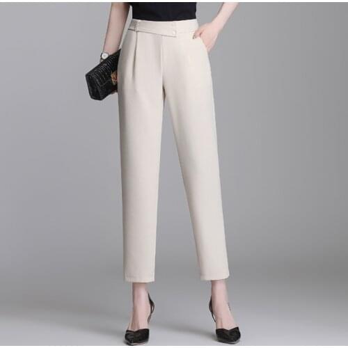 2021 Summer Trouser Suits High Waisted Pants Women Fashion Cotton Linen Office Beige Pants Chic Button Elegant Casual S-5XL