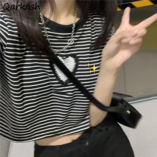 Women Short Sleeve T-shirts Striped Crop Tops Simple Summer Sexy Girls Embroidery All-match Streetwear Korean Style Ulzzang Chic