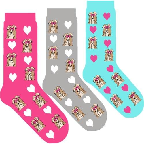 Women Shih Tzu socks cute heart crew socks with shih tzu puppy dog themed gift doggie pattern fun socks ORIGINAL 50 pair/lot