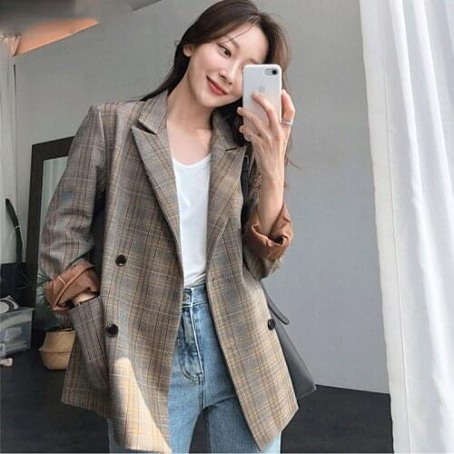 Vintage Plaid Double Breasted Women Blazer Oversized Full Sleeve Grid Female Suit Coat Elegant Autumn Women Jackets Outwear 2019