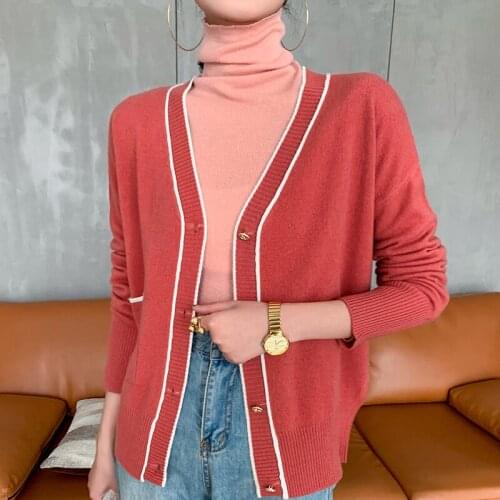 Autumn/Winter New Fashion V-neck Jackets Women 100% Pure Merino Wool Knitting Cardigans 4Colors Long Sleeve Standard Sweaters