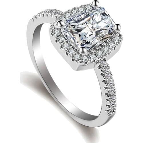 Silver Halo Ring for Bague Women Square CZ Crystal Wedding Engagement silver color Ring Jewelry Anillos Anel Feminino