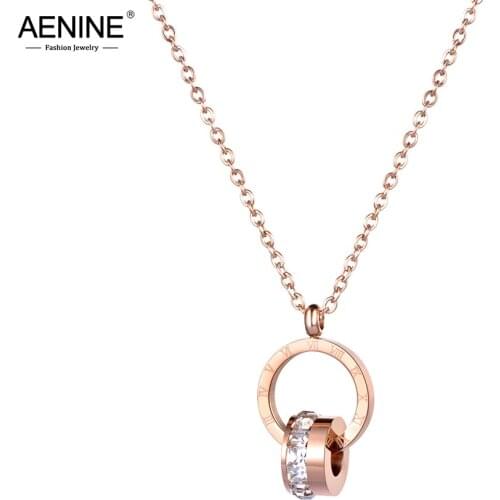 AENINE Original Design Stainless Steel Love Double Circle Roman Numeral CZ Crystal Pendant Necklaces Jewelry For Women AN18240