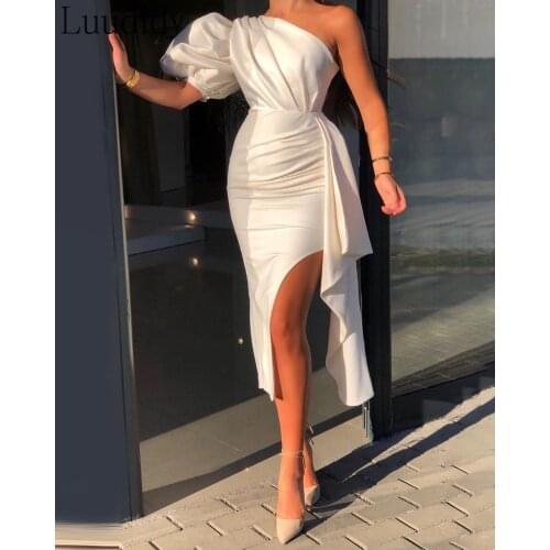 Women One Shoulder Puff Sleeve Ruched Slit Asymmetrical Dress