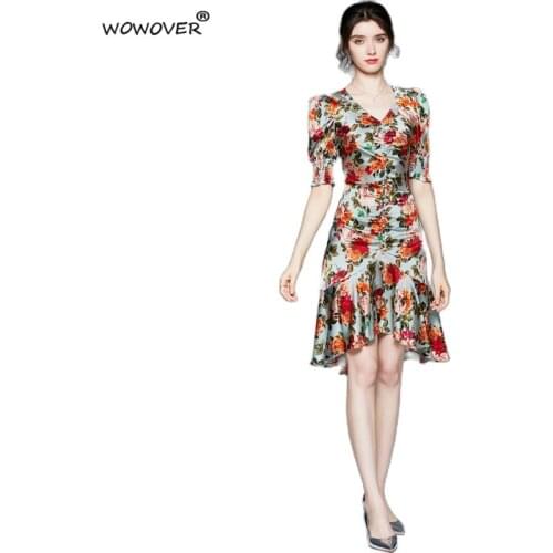 Fashion Womens Short Sleeve V Neck Floral Print Pearls Trumpet Dress for Summer Elegant Vintage Party Irregular Vestidos Femme