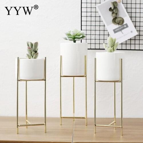 2pcs Nordic Style Minimalist Iron Stand Flower Pots Decorative Planter Garden Pots Ceramic Pot Plant Rack Table Home Decoration