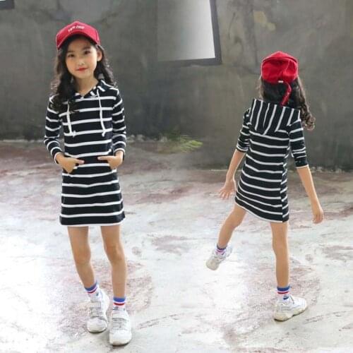 2019 Girls Spring / Autumn Dress Girl Costume Black /Red Long Shorts Hoodie Stripe Cotton Dress for Girls Children Dresses 2-10Y