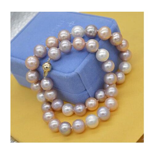 Noble jewelry 9-10 MM 18" AAA Freshwater NATURAL multicolor PEARL NECKLACE 14K CLASP