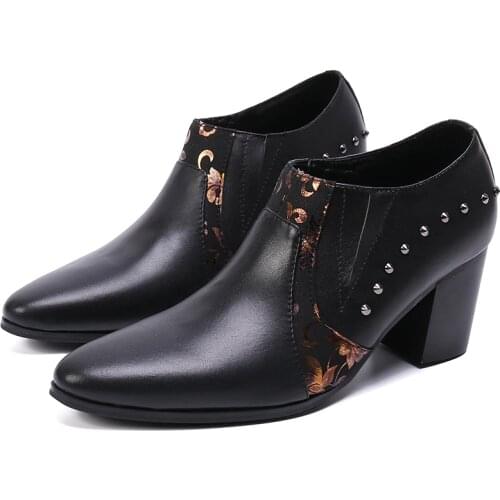 Large Size Pointed Toe Men Black Leather Shoes Fashion Bronzing Rivet High Heel Male Nightclub Shoes Mens Party Dress Shoes