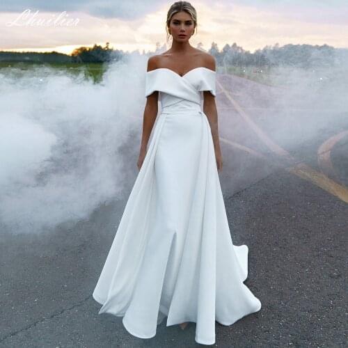 Lhuilier Elegant Mermaid Matte Satin Wedding Dresses 2021 Floor Length Off the Shoulder Short Sleeves Simple Bridal Gowns