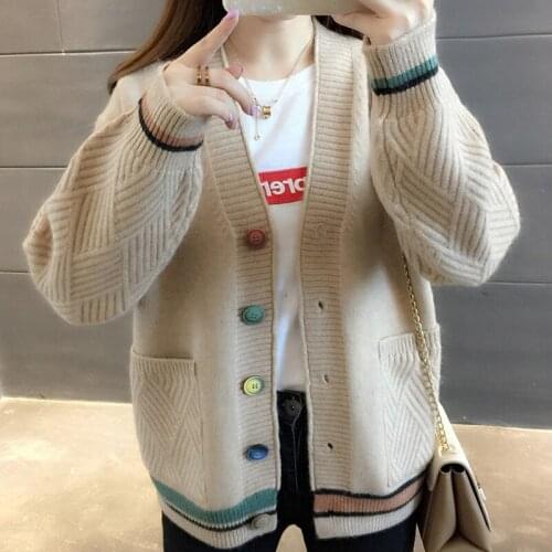 Women Cardigan Sweaters V-Neck Stripe Single-Breasted Students Cardigan Coats Autumn Winter Colorful Button Outerwear Jackets
