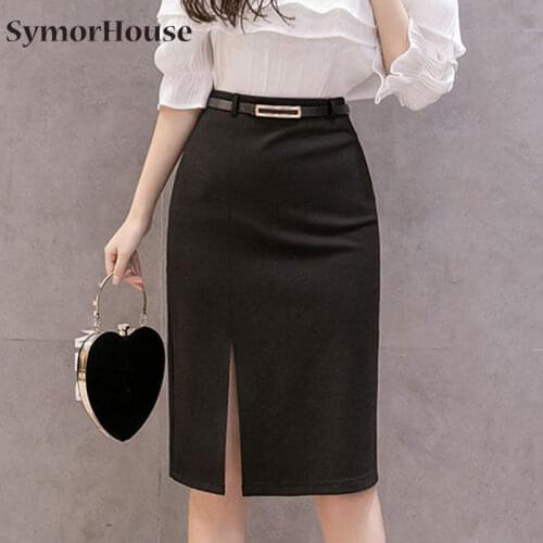 Fashion work wear pencil skirts Womens Solid Color split Belt sashes Decorated Hip Bodycon Skirt sexy elegant office skirts