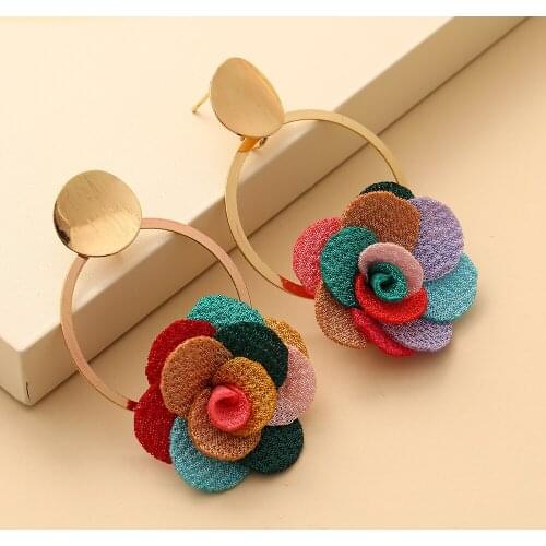 Fashion Handmade Cloth Flower Earrings Gold Plated Big Hoop Earrings Women Bride Jewelry