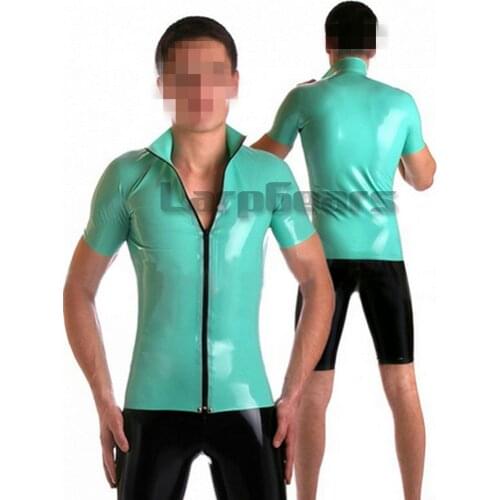 Men blue latex T-shirt short sleeve rubber fetish exotic tank tops with front zip