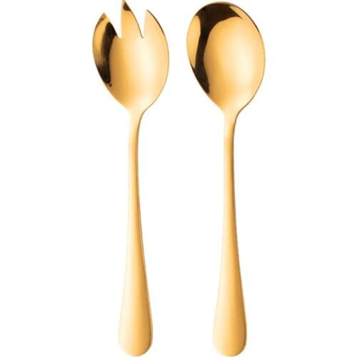 Gold Salad Spoon Fork 2pcs Fork Spoon Stainless Steel Cutlery Set Colorful Dinnerware Banquet Serving Spoon Kitchen Supplies