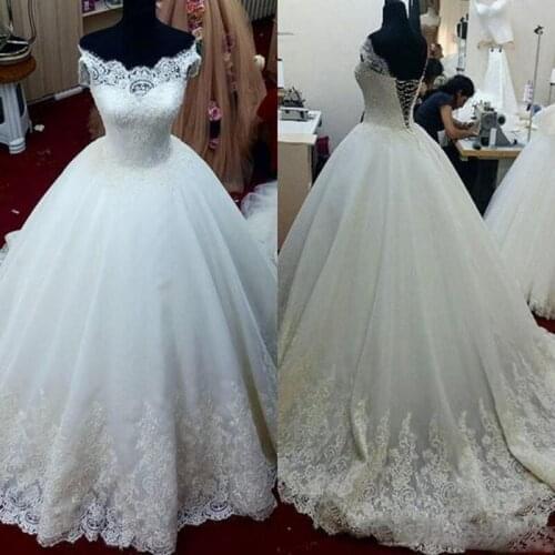 Real Photo Ball Gown Wedding Dresses Off Shoulder Short Sleeve Appliques Lace Tulle Bridal Gowns Custom Size