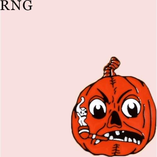 RNG Personality Halloween yellow pumpkin devil smoking White Devil big eyes broken teeth nostrils Metal Enamel Pins gift