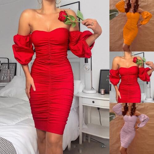 Women Fashion Mini Dress Slash Neck Off The Shoulder Long Sleeve Slim Sheath Folds Solid Color High Waist Vestidos Feminino 2021