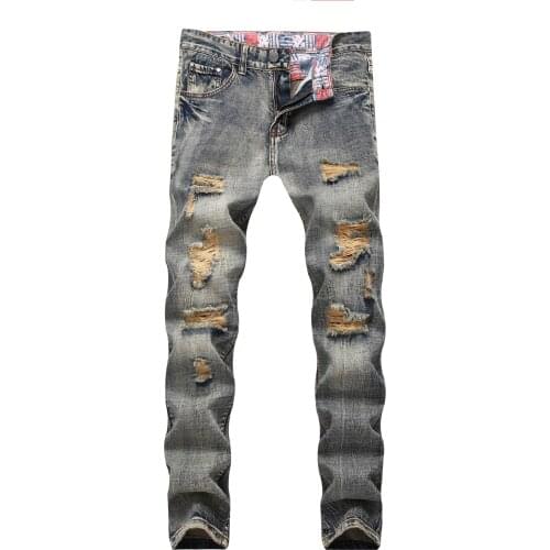 Trend Ripped Jeans for Men Retro Yellow nostalgic ripped Denim Pants Designed Straight Slim Fit Casual Denim Jeans Trousers