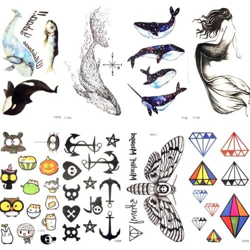 Watercolor Ocean Dolohin Geometric Whale Temporary Tattoo Galaxy Cute Fish Kid Tattoo Sticker men Body Arm Art Flash Tattoo Girl