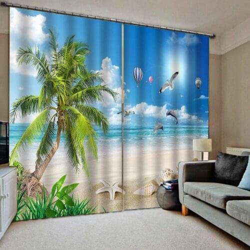 High quality custom 3d curtain fabric Blue beach landscape curtains nature scenery