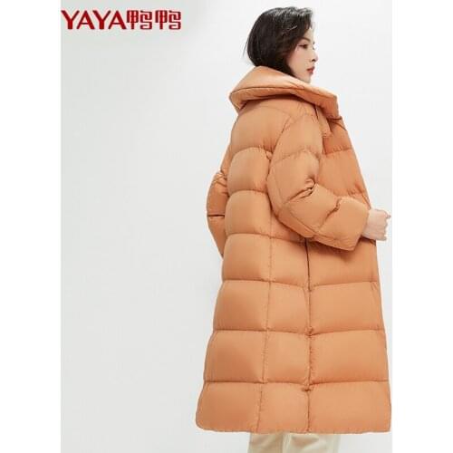 YAYA 2021 Womens Winter White Duck Down Jacket Stand Collar below knees Long Thick Ladies Overcoat oblique pocket Padded Parka