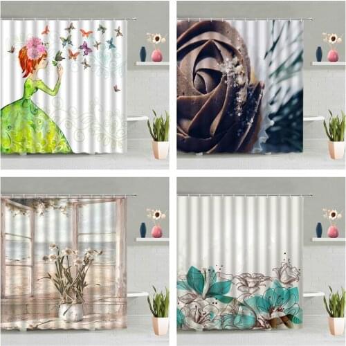 Butterfly Girl Shower Curtain Rose Plant Flower Scenery 3d Printed Bathroom Wall Hanging Curtains Waterproof Hook Screen Decor