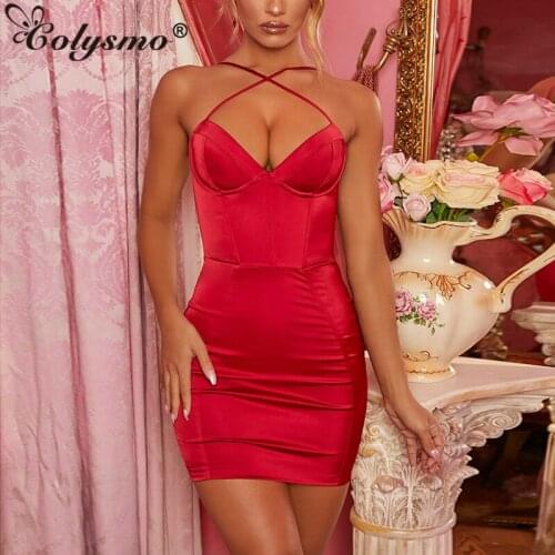 Colysmo Satin Party Dress Women Push Up Padded Sexy Dress 2020 Summer Club Wear V-neck Front Crossed Backless Bodycon Dress