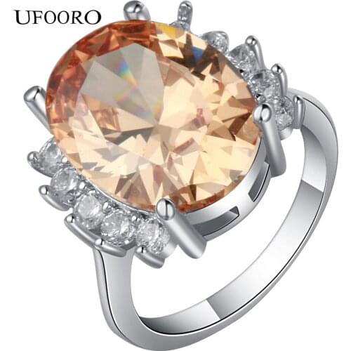 UFOORO Big Round Brown Zircon Crystsl White Gold Rings New Naturl Jewelry Princess Women Artistic Wedding Ring