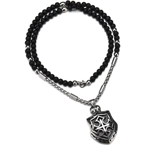 Gothic Cross Pendant Necklaces Stainless Steel Chain Black Stone Strand Beads Necklaces Ethnic Jewelry
