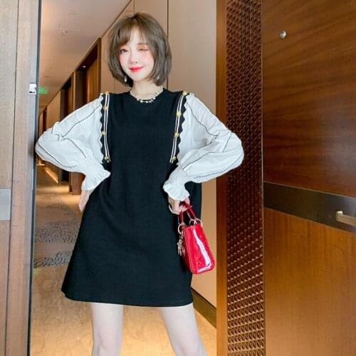 Awarose Shirt Patchwork Loose Fake Two Casual Straight Dresses Long Sleeve Round Neck Buttons Women Spring Elegant Fashion Dress