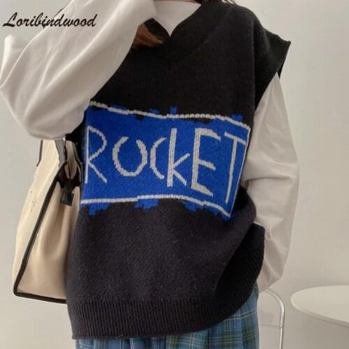 Loribindwood 2021 New Spring Autumn Women Sweaters Sleeveless Vest Waistcoat England Style Knitting Oversized Print Tops