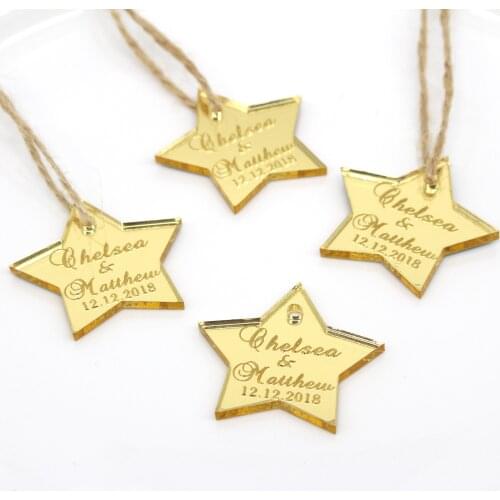 24 Personalized Engraved Silver Gold Mirror Star Tag Customize Baby Shower Birthday Wedding Party Gift Labels Table Decor Favors
