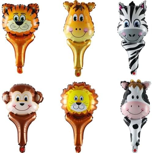 50pcs animal head hand stick foil Balloons tiger lion monkey giraffe cow ballon birthday party decorations baby shower kids toys