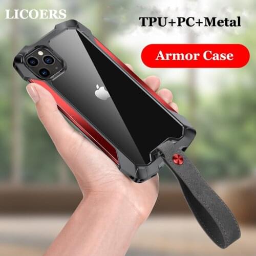New Case for iPhone 12 Pro Max Mini 11 XS XR X SE 2020 7 8 Plus Cases TPU Metal Airbag Anti-knock Armor Clear Cover with Lanyard