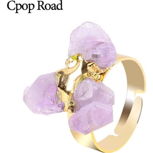 Cpop Three Nature Purple Crystal Rings Geometric Stone Wedding Bridal Adjustable Rings Fashion Jewelry Luxury Accessories Gifts
