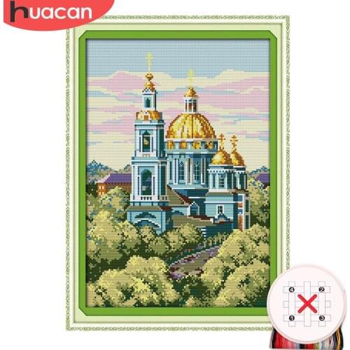 HUACAN Cross Stitch Building Scenery Kit Needlework Embroidery City Landscape Sets White Canvas DIY Gift Home Decor 11CT 14CT