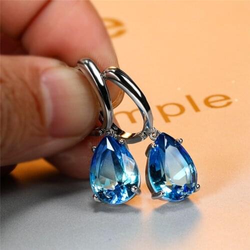 Charm Female Crystal Blue Rainbow Stone Earrings Cute Silver Color Dangle Earrings For Women Trendy Water Drop Wedding Earrings