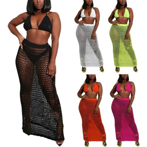 2 PCS Sexy Women Beach Clothing Set, Solid Color Hollow Out Deep V-neck Halter Bikini+High Waist Long Skirt 2021 Summer