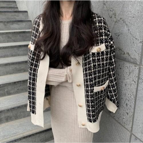 Korea Chic Autumn Vintage Single-Breasted Cardigan Coat Winter Women Loose Houndstooth Knitting Sweater Coats