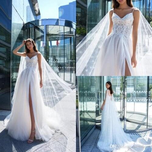 2019 Lace Wedding Dresses with Wrap Sexy High Side Split Backless Bridal Gowns Sweep Train A Line Wedding Dress robe de mariee