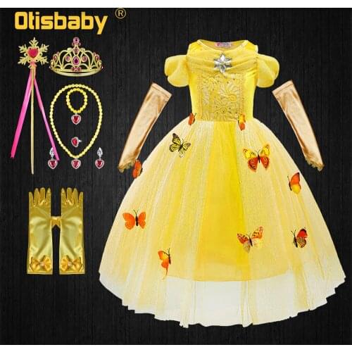 Summer Girl Party Belle Dress Beauty and the Beast Halloween Child Princess Costume Yellow Elegant Fluffy Dresses for Girls