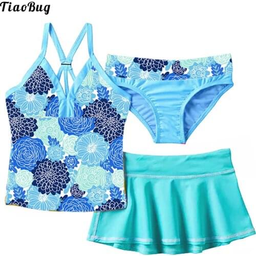 TiaoBug Summer 3Pcs Kid Girls Floral Print Swimsuit Beach Pool Swimwear V Neck Straps Sleeveless Top With Skirt And Briefs Set