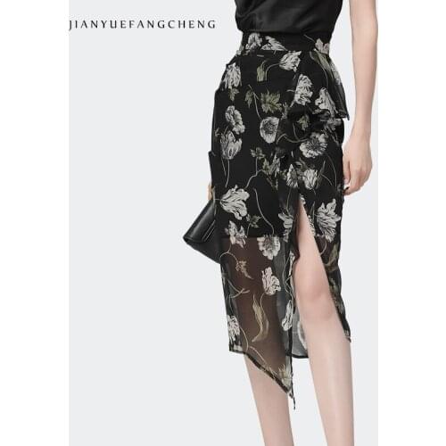 Fashion Chiffon Floral Printing Skirt Women Summer New Mid-Length Asymmetrical Split Design Lightweight Elegant One Step Skirts