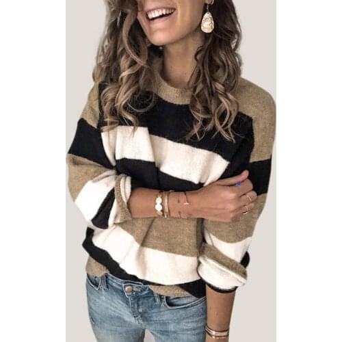 Fall 2020 Loose Knitted Sweaters European Casual Harajuku Clothing For Women Loose Striped Sweater Female Long Sleeve Pullover