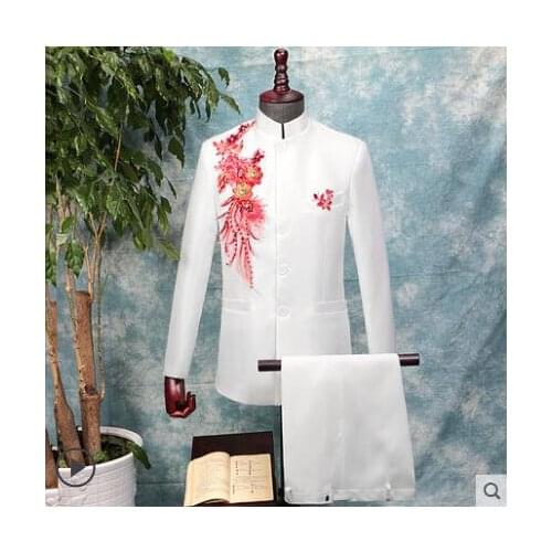 Singer stage clothing for men groom suit set with pants 2020 mens wedding suits Sequin embroidered costume formal dress tie